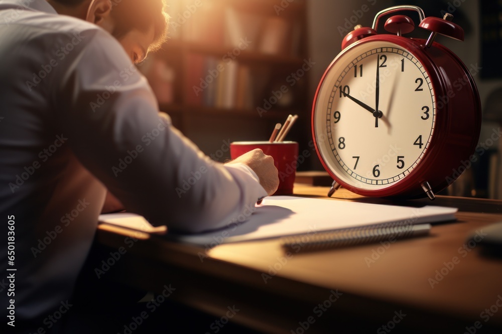 Poster A man sitting at a desk writing with an alarm clock in the foreground. This image can be used to represent time management, productivity, deadlines, or work-related concepts.
