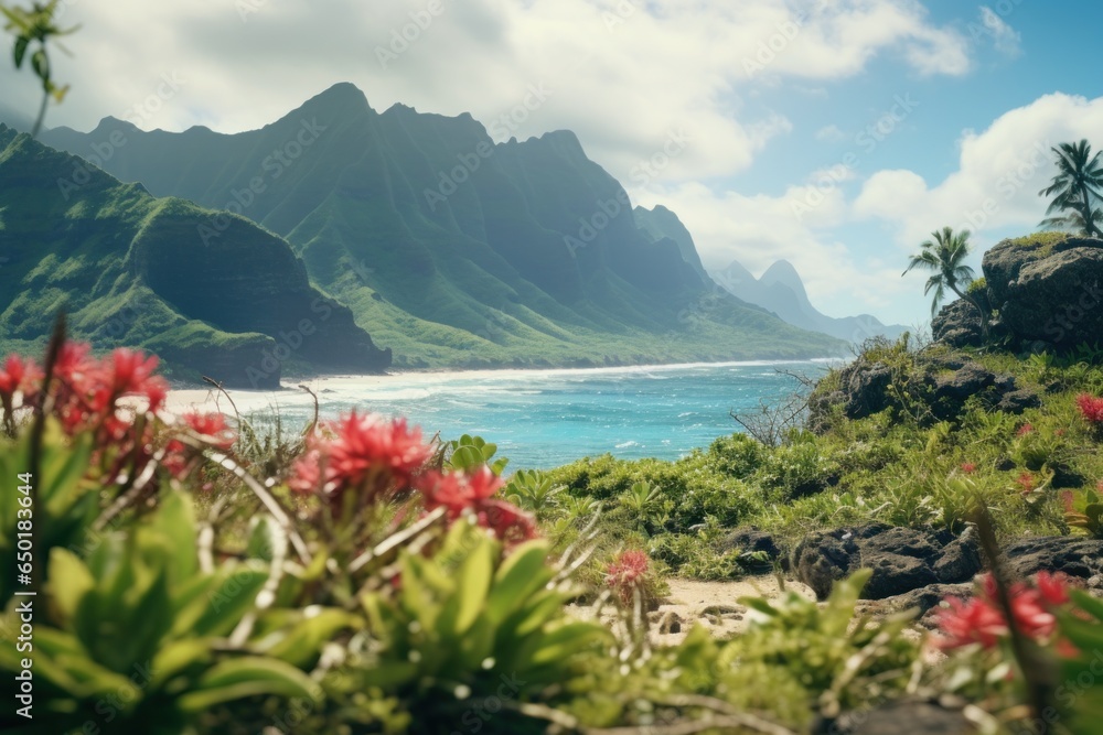 Poster a beautiful and breathtaking view of the ocean and mountains. this picture can be used to showcase t