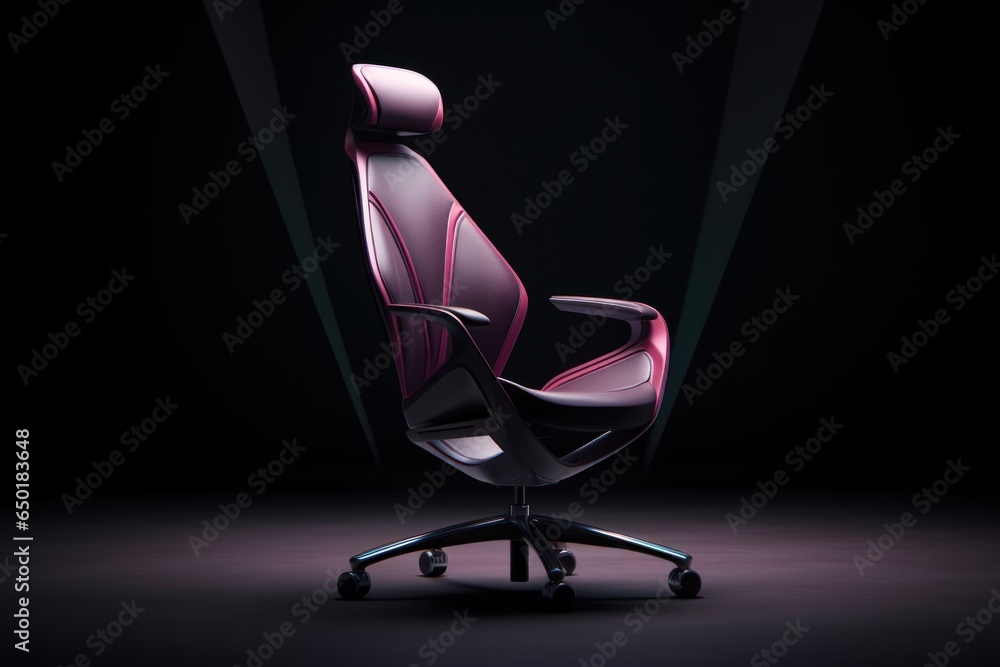 Poster an image of a red and black office chair in a dimly lit room. suitable for use in office-related con