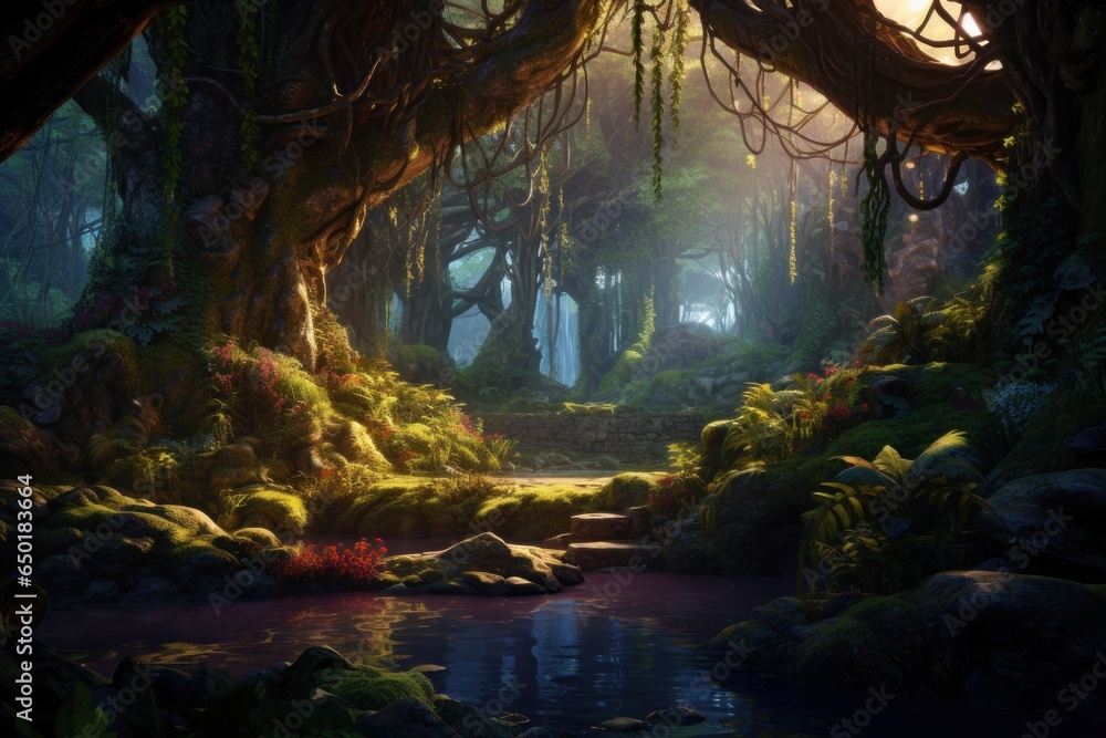 Aufkleber A serene painting depicting a forest with a stream flowing through it. This artwork captures the beauty and tranquility of nature. Perfect for adding a touch of serenity to any space.