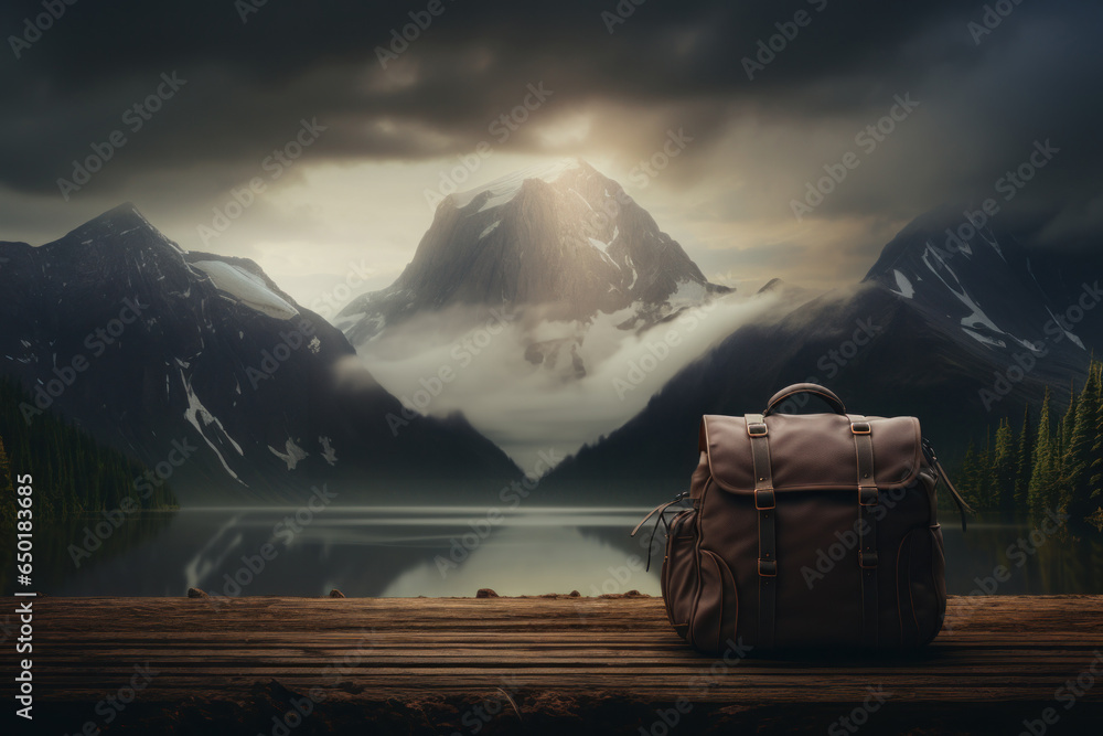 Aufkleber a brown backpack is placed on a wooden dock next to a serene lake. this image can be used to depict 