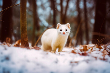 Cute tiny white winter weasel in the snow on snowy forest