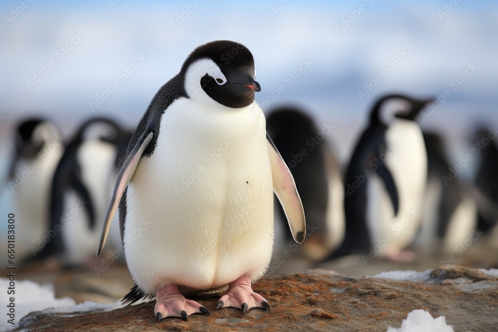 Poster a penguin standing on a rock with other penguins in the background. this image can be used to depict