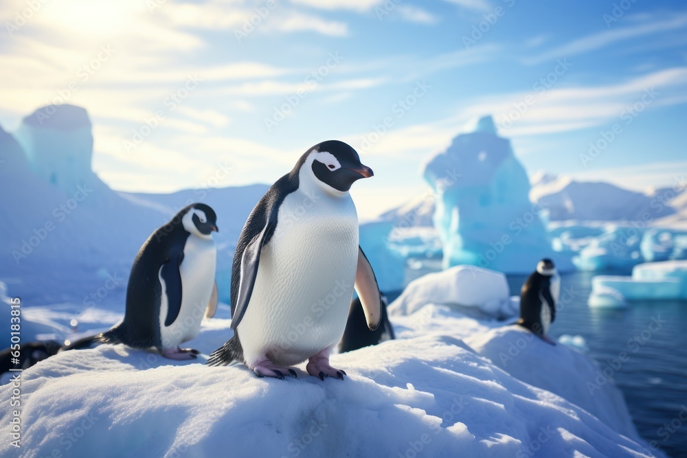 Fototapete A group of penguins standing on top of an iceberg. This image can be used to depict the natural habitat and behavior of penguins or to illustrate the concept of unity and teamwork.