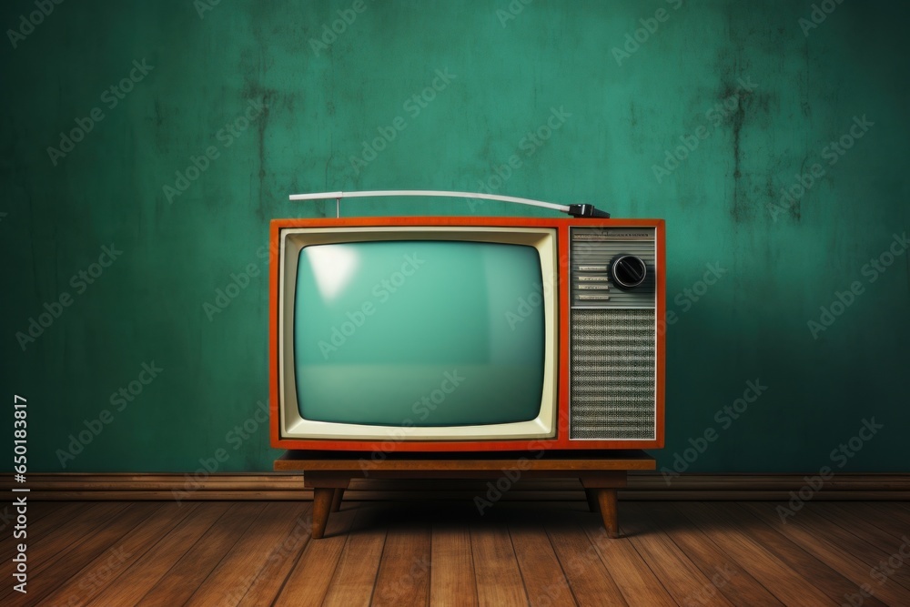 Poster an old television placed on a wooden floor. perfect for adding a retro touch to your designs or illu