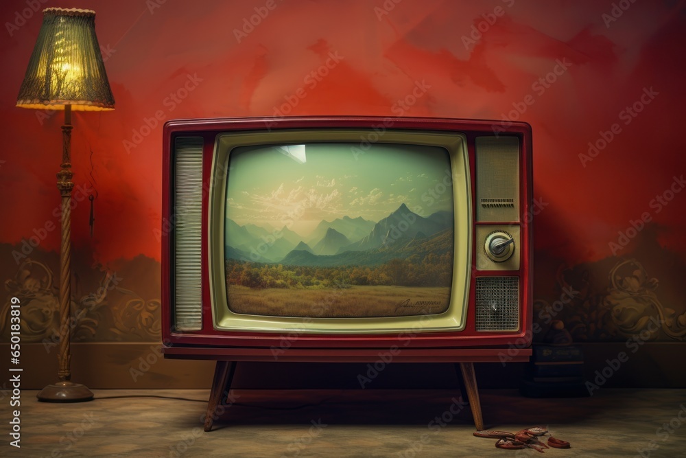 Leinwandbilder An antique television with a unique painting displayed on the screen. Perfect for adding a retro touch to any space or for use in art-related projects.