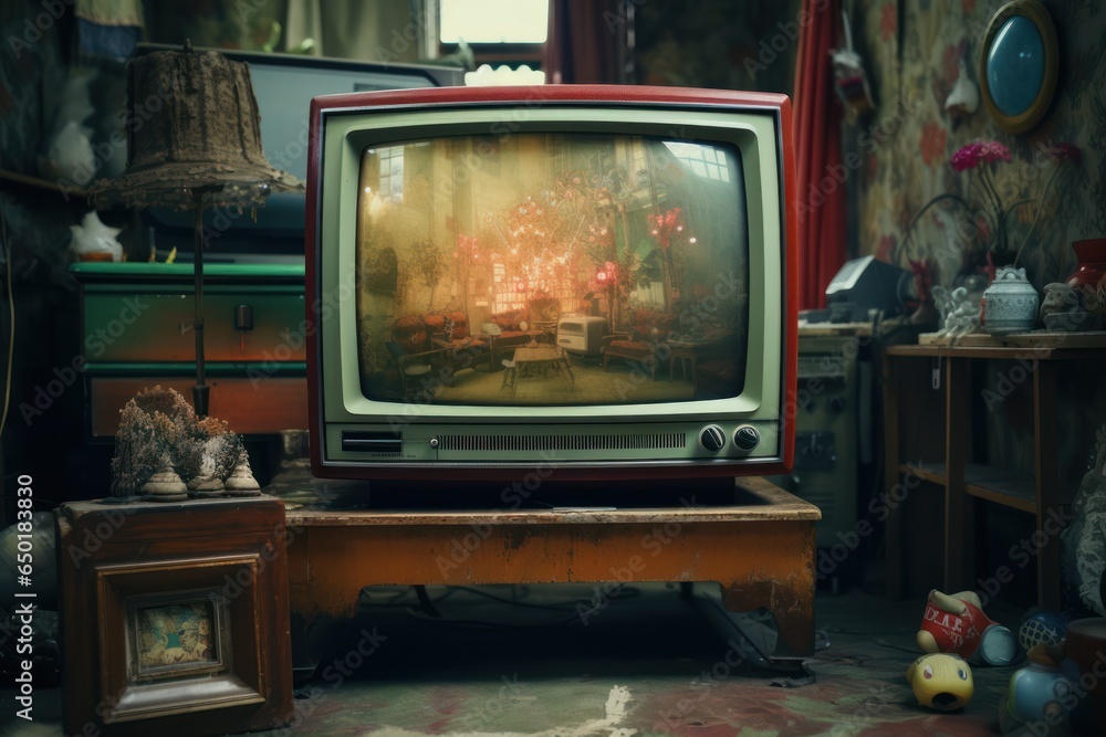 Poster a small television sits on top of a wooden table. this versatile image can be used to depict various