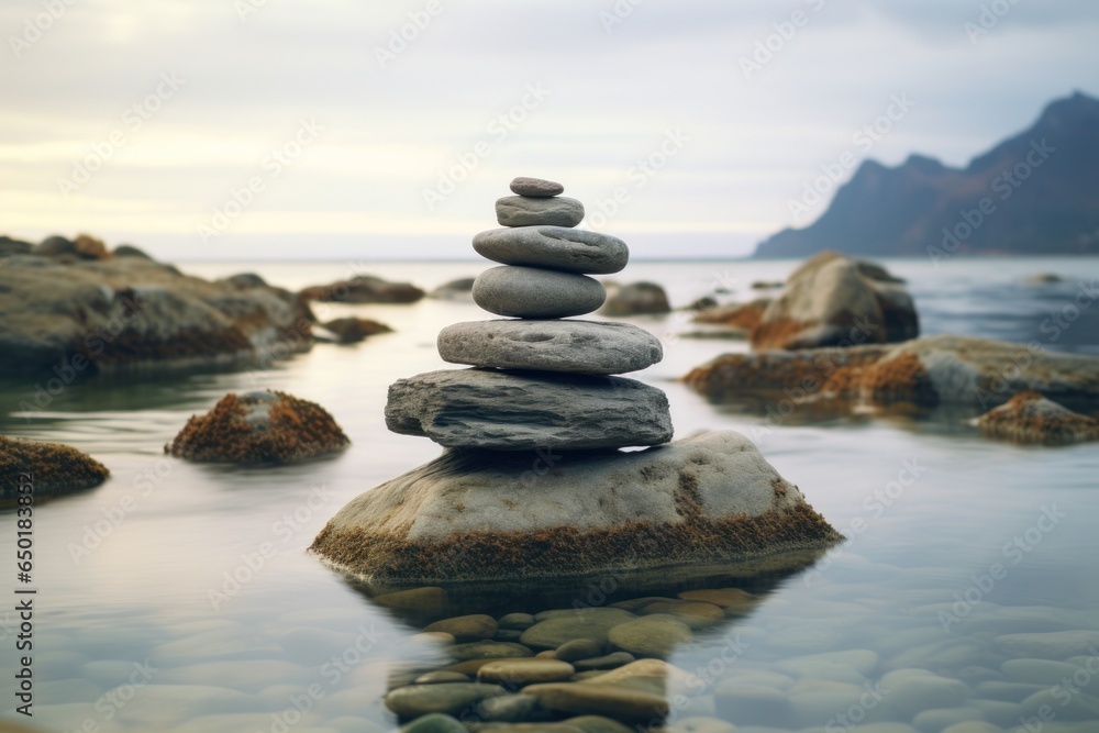 Poster a stack of rocks sitting on top of a body of water. this image can be used to depict balance, harmon