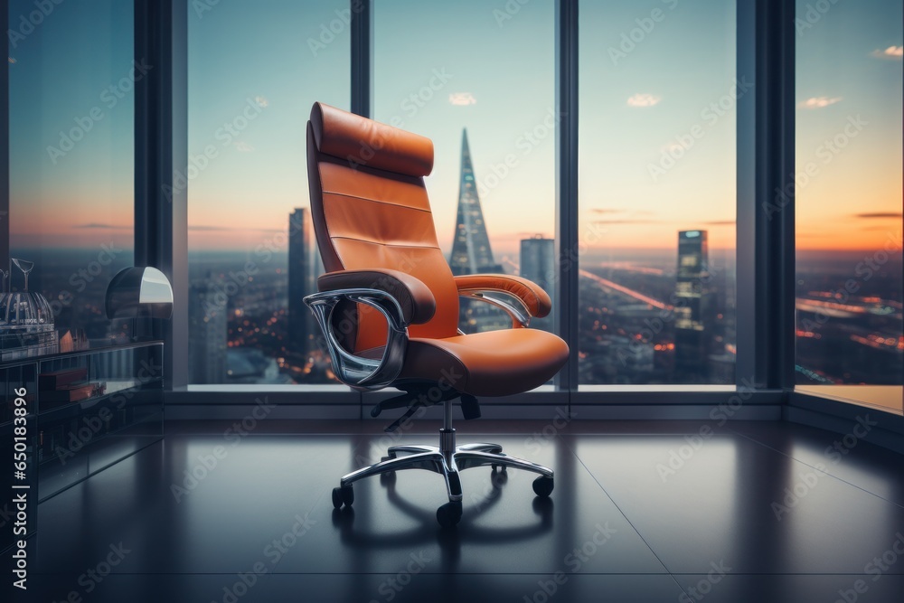 Poster An office chair positioned in front of a spacious window, offering a view of the outside. This image can be used to depict a professional workspace with natural lighting.