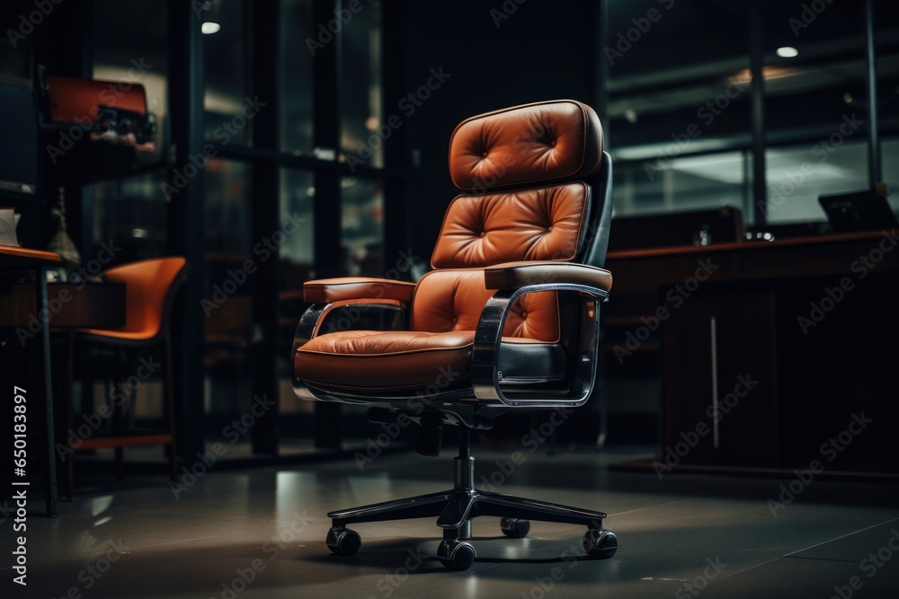 Poster a brown leather office chair is pictured in a dark room. this image can be used to represent a profe