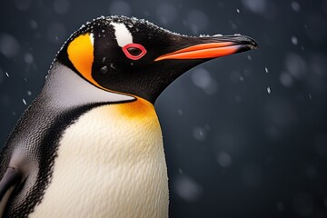 A detailed close-up view of a penguin standing in the snow. This image can be used to depict the...