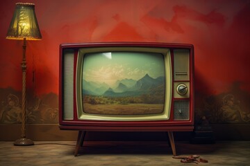 An antique television with a unique painting displayed on the screen. Perfect for adding a retro...