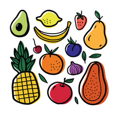 Vector colourful fruits doodle. Avocado, lemon, banana, pear, pineapple, papaya, orange, apple, figs.