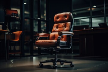 A brown leather office chair is pictured in a dark room. This image can be used to represent a...