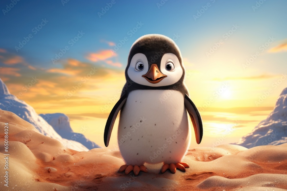 Poster a penguin stands in the snow with a beautiful sunset in the background. this image can be used to re
