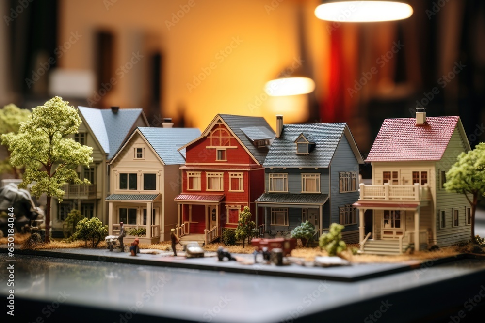 Aufkleber A miniature model of a town with a horse drawn carriage. This picture can be used for various projects related to architecture, historical reenactments, or as a representation of a quaint and charming