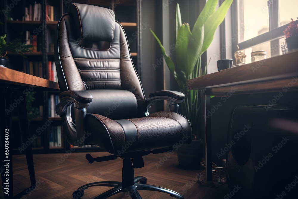 Poster a black office chair positioned in front of a window. perfect for office or workspace concepts.