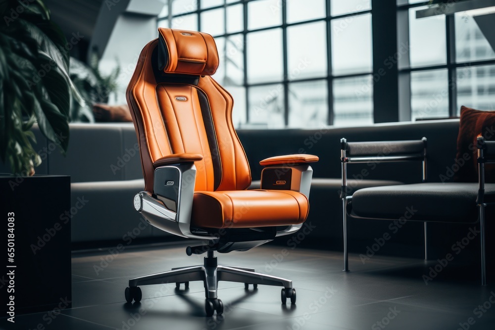 Poster An office chair positioned in front of a window, creating a peaceful and productive workspace. Ideal for office and home office interior designs.