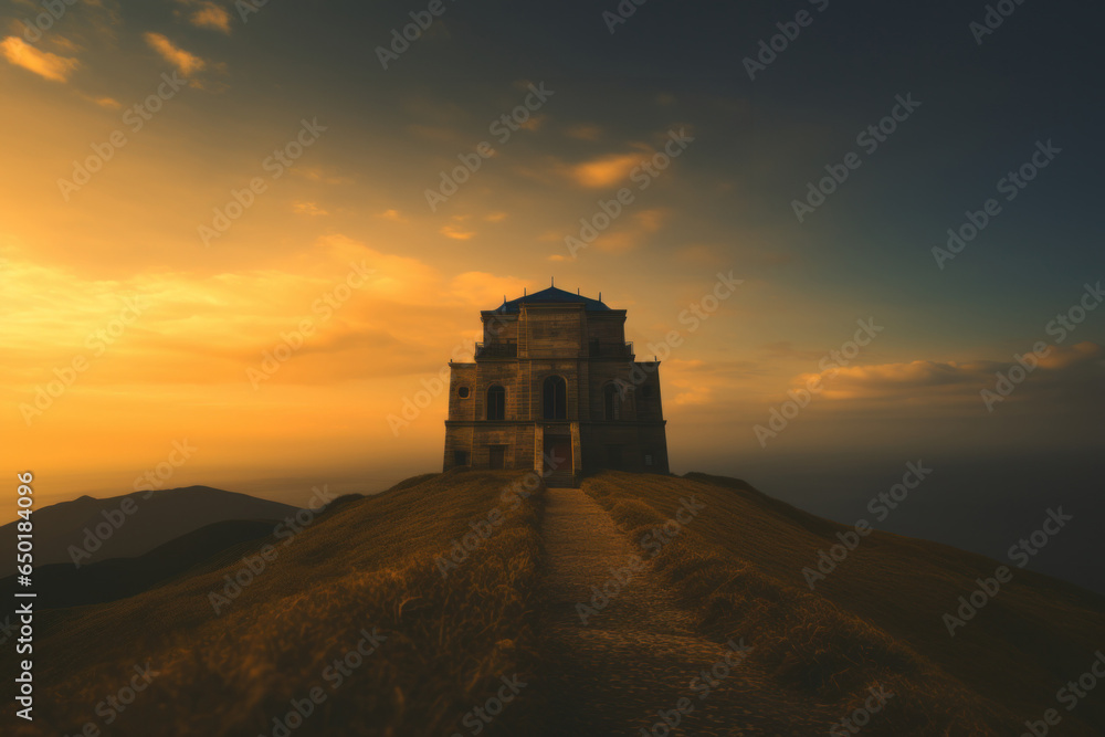 Poster A building situated on top of a hill, illuminated by the warm light of the setting sun. This image can be used to depict tranquility and serenity in nature or to symbolize a place of solitude and refl