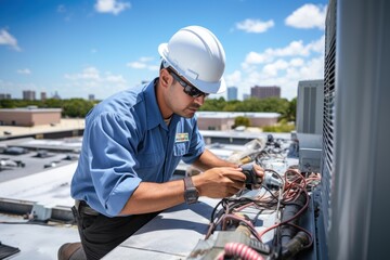 A man wearing a hard hat is diligently working on repairing an air conditioner. This image can be used to depict maintenance, repair, or construction work related to air conditioning systems. - obrazy, fototapety, plakaty