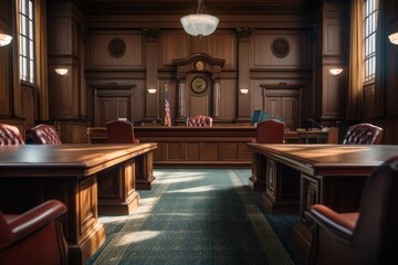 An empty courtroom with a clock on the wall. This image can be used to depict a courtroom setting or to symbolize the passing of time in a legal context.