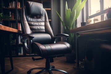 A black office chair positioned in front of a window. Perfect for office or workspace concepts.