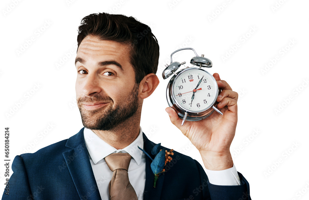 Poster portrait, smile and clock for alarm with a groom isolated on a transparent background for his weddin