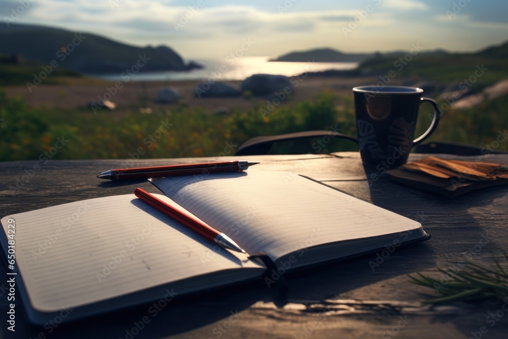 Poster A cup of coffee and a notebook resting on a table. This image can be used to depict a cozy work environment or a relaxing coffee break.