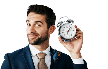 Portrait, smile and clock for alarm with a groom isolated on a transparent background for his...