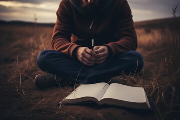 A person sitting on the ground with a book and pen. This image can be used to represent studying, writing, or learning. - obrazy, fototapety, plakaty