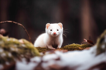 Cute tiny white winter weasel in the snow on snowy forest