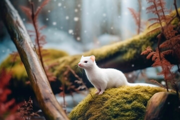 Cute tiny white winter weasel in the snow on snowy forest - obrazy, fototapety, plakaty