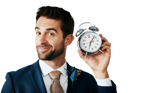 Portrait, smile and clock for alarm with a groom isolated on a transparent background for his wedding. Face, fashion and time with a happy young man ready on PNG for his marriage ceremony or event