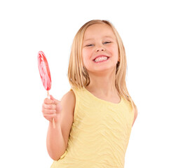 Portrait, lollipop and happy girl child with candy, hungry for dessert and isolated on a...
