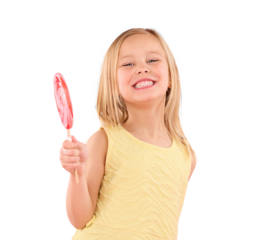 Portrait, lollipop and happy girl child with candy, hungry for dessert and isolated on a transparent png background. Face, sweets and young kid smile with sugar, food and eating confectionery treats.