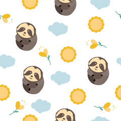 cute sloth pattern with flowers,sun and cloud
