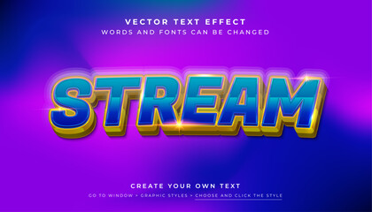 Vector Editable 3D shiny blue gold text effect. Streaming show technology graphic style on purple background