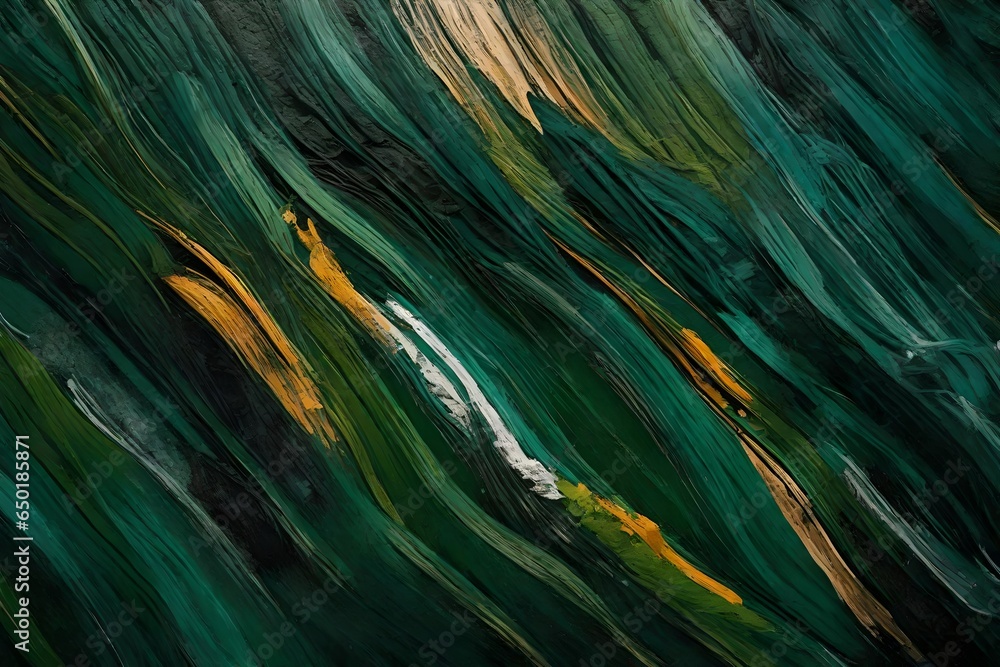 Wall mural Closeup of abstract rough colorfuldark green art painting texture background wallpaper, with oil or acrylic brushstroke waves, pallet knife paint on canvas