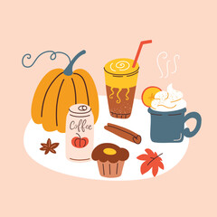 Pumpkin spice latte, fall season desserts, hand drawn composition, autumn coffee doodle icons, vector illustrations of mug and glass with hot drinks, spices, colored clipart on beige background