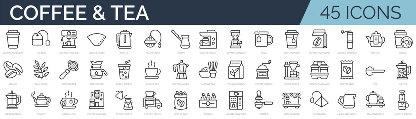 Set of 45 outline icons related to coffee and tea. Linear icon collection. Editable stroke. Vector illustration