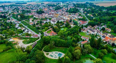 Aerial view around the old town of the city Rozay-en-Brie in France