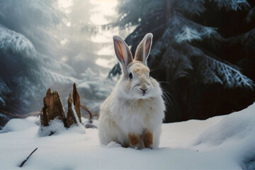 Snow rabbit in a winter forest