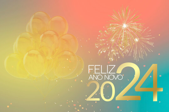 Feliz ano novo. Happy new year. Cartão de feliz ano novo. Banner. Cartão colorido com tons pasteis  2024. Balões dourados e fogos de artifício. Cartão moderno e elegante. 