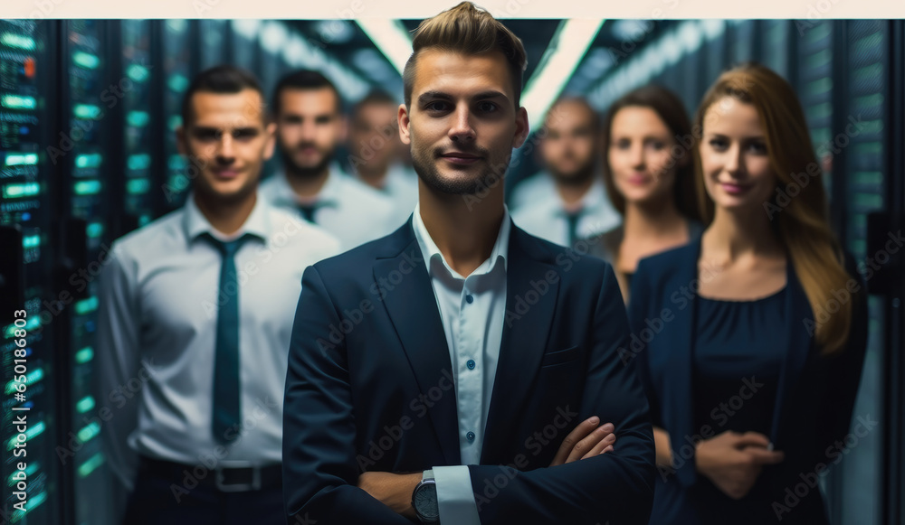 Poster group of people who work for technology standing in data center room with server equipment in the ba