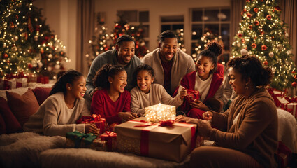 black family on christmas day handing out gifts