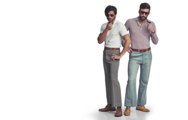 Portrait, fashion and men smoking pipes, retro clothing or support isolated on a transparent background. People, guys or friends with tabacco, vintage outfit or solidarity with png, stylish or trendy