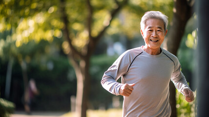 公園をランニングするアジア人男性