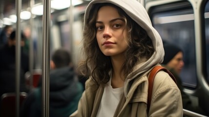 Beautiful passenger woman in a subway metro train, Public transport