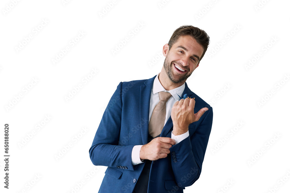 Poster portrait, smile and wedding suit with a groom getting ready while isolated on a transparent backgrou