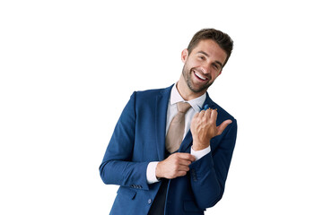 Portrait, smile and wedding suit with a groom getting ready while isolated on a transparent...